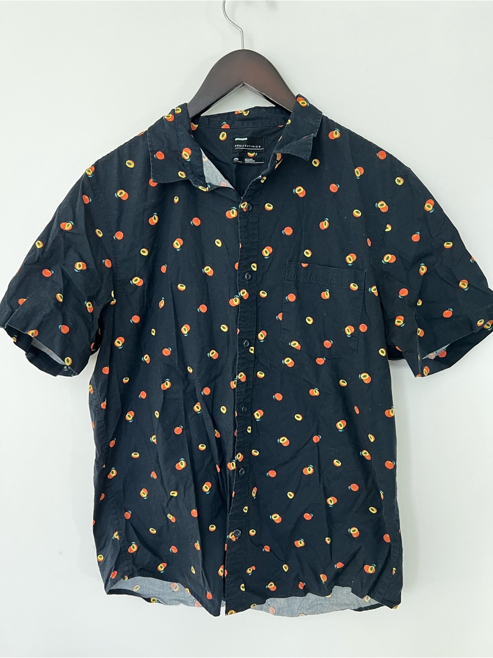 Public Opinion Men's Large Peach Print Shirt Black Short Sleeve Button Up Slim